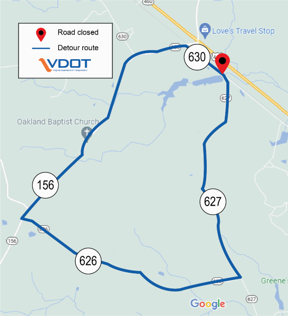 There is a map that depicts the suggested detour and indicates with a red pin where the bridge is located that will be closed.